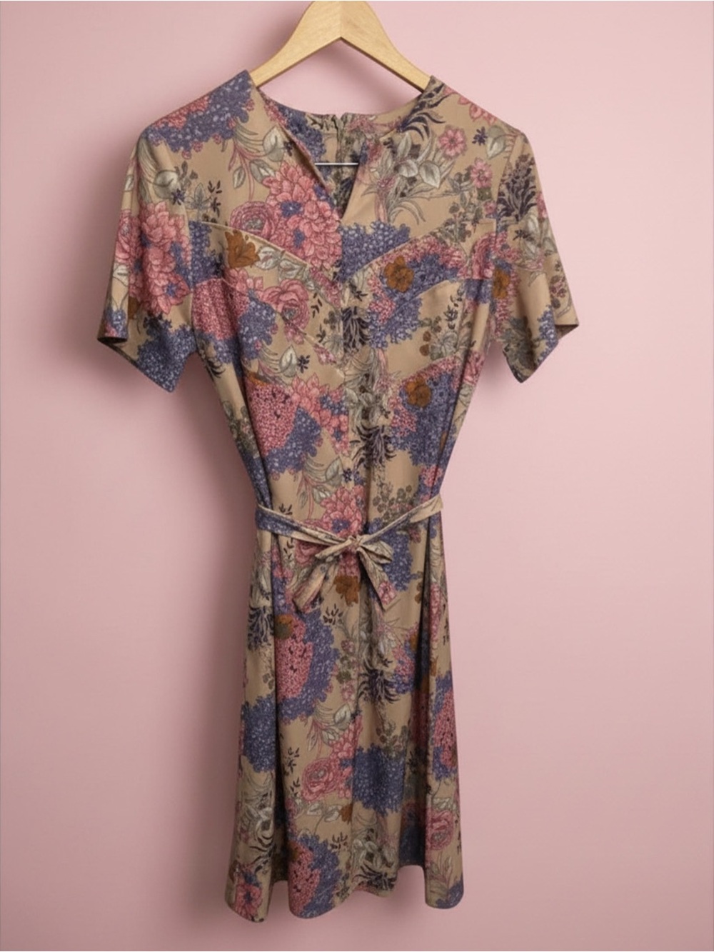 Floral Vintage Dress in Beige with Pink & Lavender Flowers